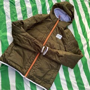 cotopaxi Olive Green Puffer Jacket with Orange Zipper